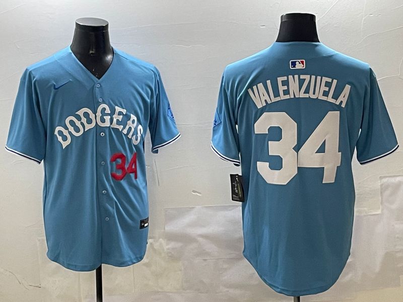 Men Los Angeles Dodgers 34 Valenzuela Light Blue Joint Name 2025 Nike MLB Jersey style 31610